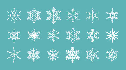 Unique snowflakes set, detailed hand drawn flat vector line illustration. Graphic outline drawing. Christmas and New Year symbol. Beautiful snowflake silhouette icon for frosty winter designs.