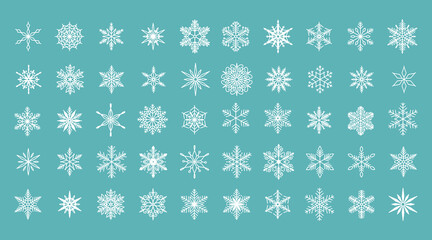 Unique snowflakes set, detailed hand drawn flat vector line illustration. Graphic outline drawing. Christmas and New Year symbol. Beautiful snowflake silhouette icon for frosty winter designs.