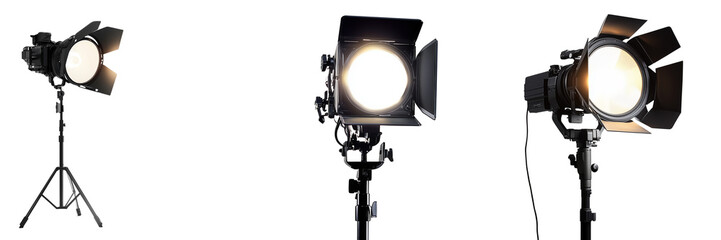 Set of a A soft, gentle light shines on the background, with film and television lighting equipment, isolated on a transparent background.