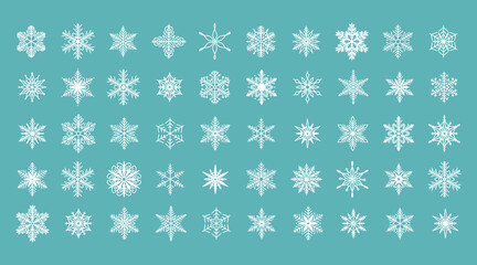 Unique snowflakes set, detailed hand drawn flat vector line illustration. Graphic outline drawing. Christmas and New Year symbol. Beautiful snowflake silhouette icon for frosty winter designs.