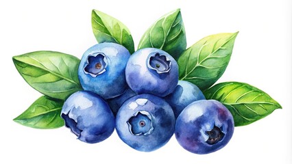 Watercolor painting of blueberries and leaves on white background