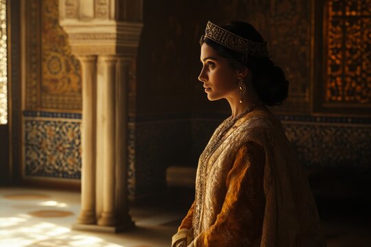 Esther in regal attire at the royal court, illuminated by warm light, preparing to address the court, Biblical religious stories, illustrations Christian faith in God