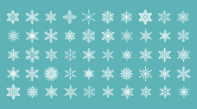 Unique snowflakes set, detailed hand drawn flat vector line illustration. Graphic outline drawing. Christmas and New Year symbol. Beautiful snowflake silhouette icon for frosty winter designs.