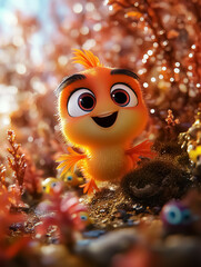 Playful animated bird character in a vibrant underwater scene, perfect for children's decor, wall art, and imaginative backgrounds, capturing joy and creativity.