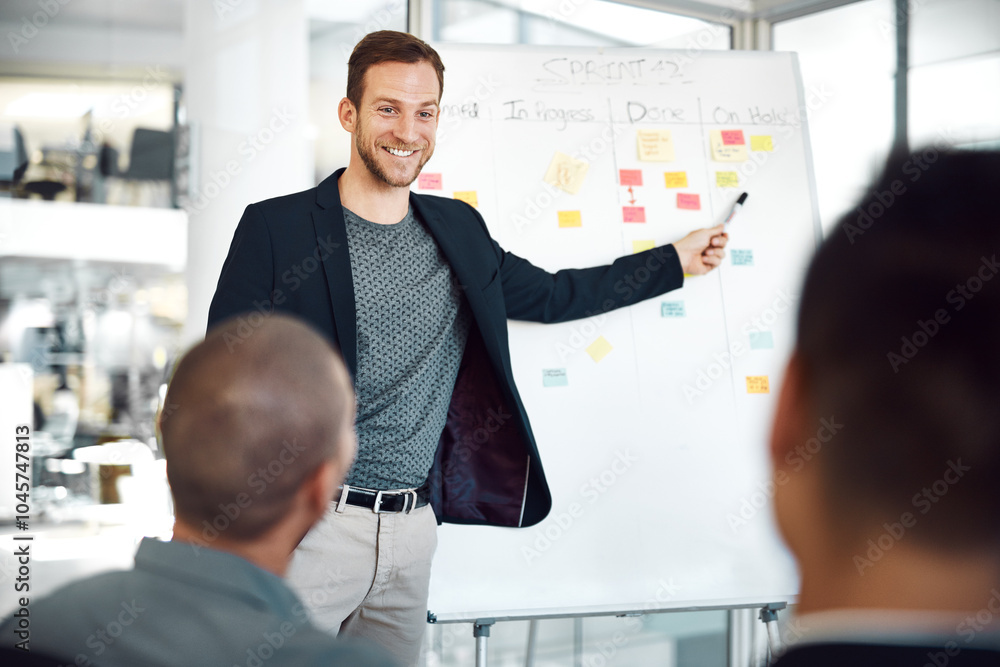 Poster Man, presentation and sticky notes on whiteboard for schedule, timeline and brainstorming strategy in office. Speaker, meeting and group training in boardroom for goals, collaboration and instruction