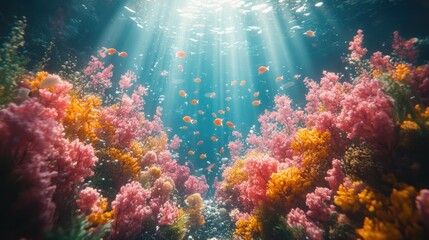 Fototapeta premium A vibrant underwater scene with colorful corals and fish illuminated by sunlight.