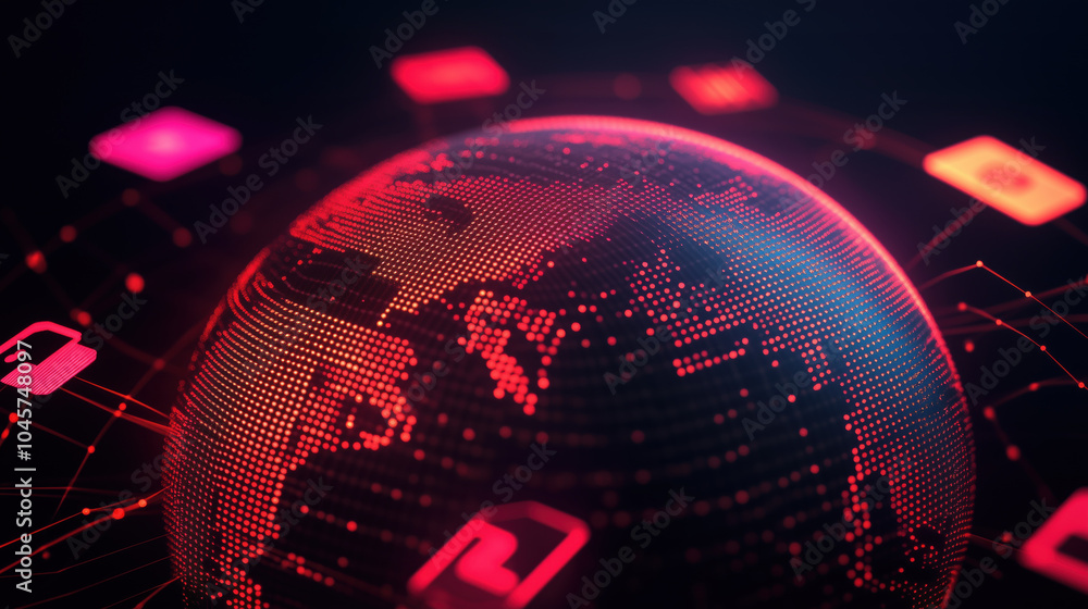 Poster digital globe with network connections and icons, representing technology and data