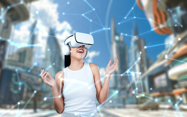 Female stand wear white VR headset and white sleeveless connect metaverse, future technology create...
