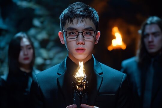 Gothic-inspired scene of a group gathered in a dark hall, applauding someone in the center, capturing the contrast between shadow and the warmth of appreciation