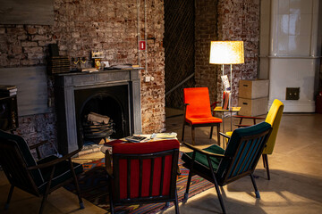 fashioned room with fireplace