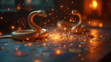 Golden Snakes on a Table with Sparks