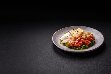 Delicious fresh salad with lettuce, croutons, chicken fillet, tomatoes and egg