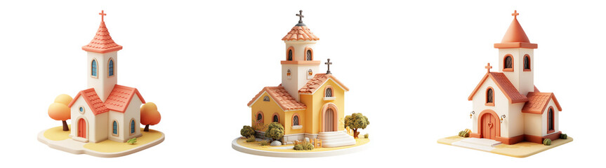 3D cartoon village church buildings in soft colors isolated transparent background perfect for children’s story illustrations