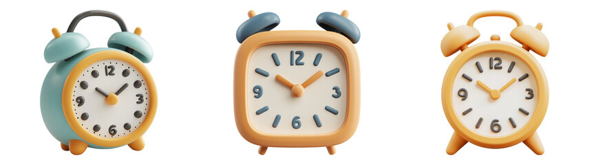 3D vintage alarm clocks in pastel colors isolated transparent background perfect for retro-themed illustrations