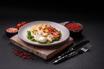 Delicious fresh salad with lettuce, croutons, chicken fillet, tomatoes and egg