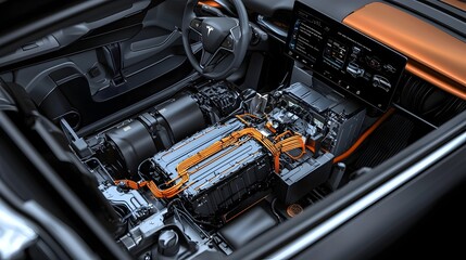 Fototapeta premium rendering of the interior of an electric vehicle highlighting the battery placement and potential fire risks associated with the energy storage system