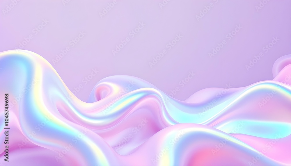 Fototapete Abstract fluid iridescent holographic neon curved wave in motion colorful background 3d render. Gradient design element for background. Abstract iridescent blue purple wave on pink background