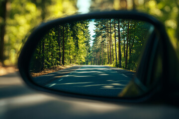 Fototapeta premium Forest road reflection in car side mirror