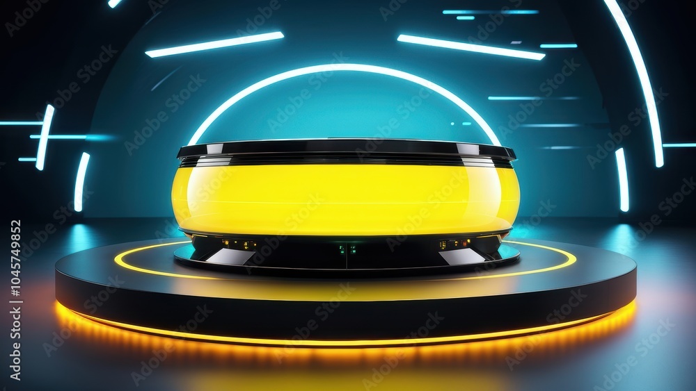 Poster a futuristic yellow object on a circular platform with glowing accents in a tech-inspired environmen