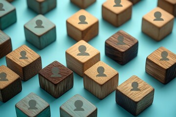Fototapeta premium Wooden Blocks with Person Icons - Collaboration and Connection