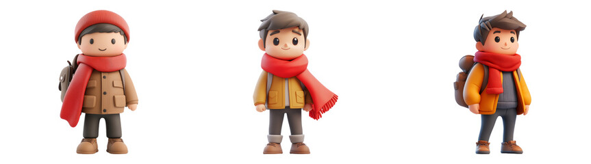 3D cute winter children characters in warm clothes isolated transparent background perfect for children’s winter story illustrations