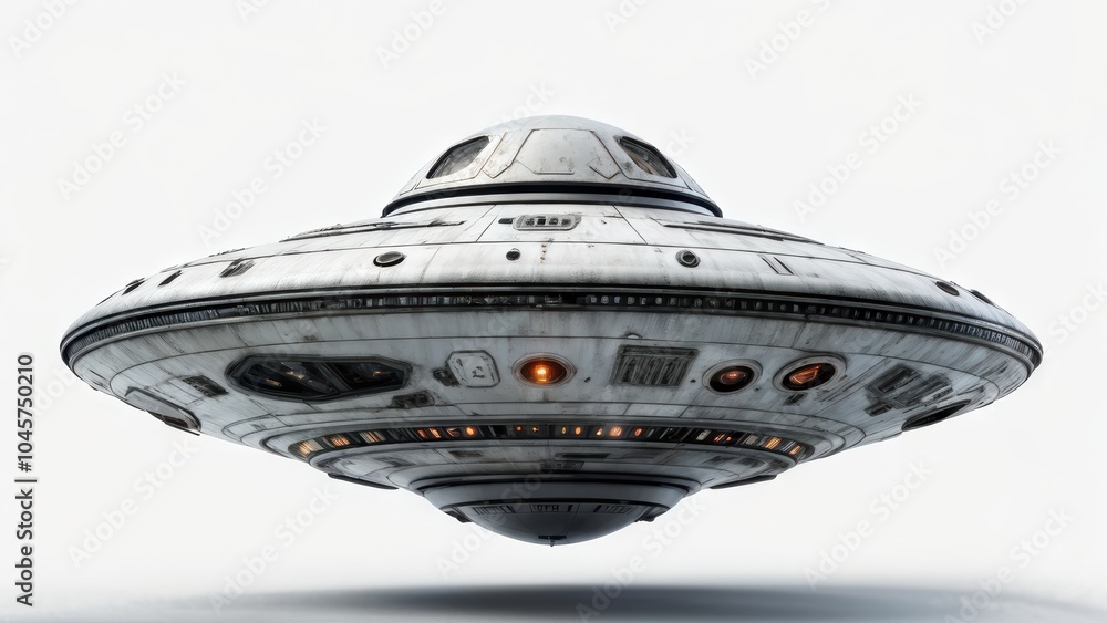 Poster a futuristic ufo hovering with a sleek design and illuminated features.