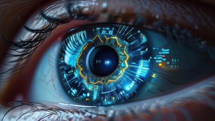 A futuristic, digital eye with intricate circuits and glowing elements.