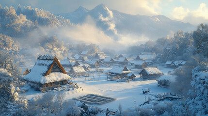 Snow-Covered Traditional Village in a Misty Mountain Valley
