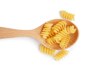 Wooden spoon with uncooked fusilli pasta on white background