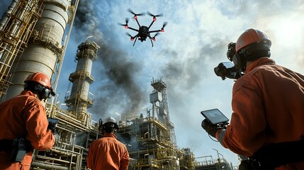 Security team closely monitoring an oil and gas production facility using advanced surveillance other technological equipment to ensure safety security and efficiency