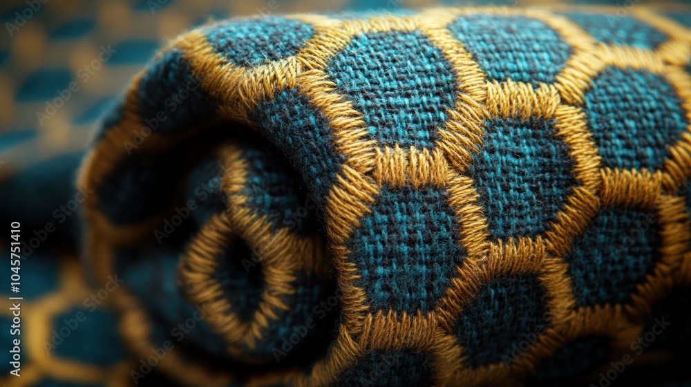 Aufkleber close-up of a rolled fabric with a hexagonal pattern in teal and gold.