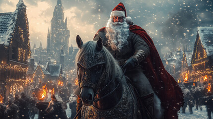Naklejka premium Santa Claus on horseback in medieval village during Christmas celebration 