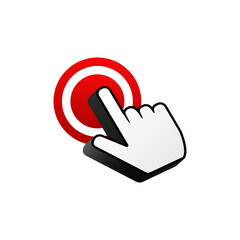 White hand cursor for computer click on red button. Desktop hand pointer icon.