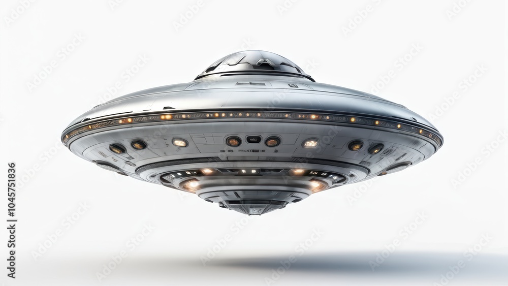 Poster a futuristic flying saucer with a sleek design and illuminated features.
