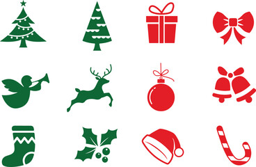 Red and green icon set of christmas xmas ornament decoration decor Santa Claus tree gift celebration. Icons, flat vector illustrations. Isolated on white, transparent background