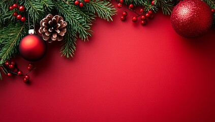 Bright red Christmas decorations with ornaments and pine branches against a deep red background during the holiday season
