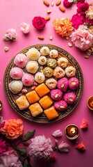 Vibrant Array of Traditional Diwali Sweets on Decorative Plate Surrounded by Colorful Rangoli and Diyas