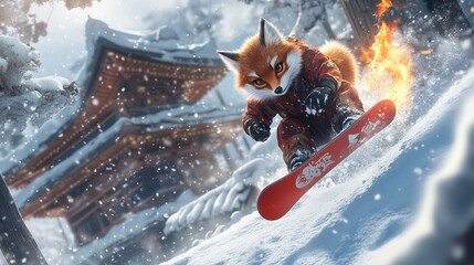 Fox snowboarding with fiery trail near traditional pagoda in snowy landscape
