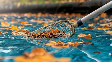 Skimming and Removing Floating Leaves Twigs and Debris from the Surface of a Backyard Pool Pond or Other Water Body Using a Handheld Pool Net Tool for Maintenance and Cleaning