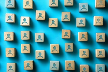 Wooden Blocks with Person Symbols - Blue Social Network Background