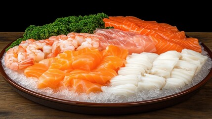 A bountiful spread of fresh seafood, featuring juicy shrimp, salmon, and squid, on ice for a gourmet presentation.