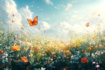 Obraz premium A vibrant field of flowers with butterflies under a bright sky.