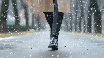 Dapper Gentleman Strolling Through Winter Wonderland - Elegant Man in Overcoat Walking in Snowy Park Scene with Snowflakes Swirling around him
