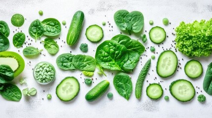 A collection of fresh green vegetables on a white background, with spinach, kale, and cucumbers in focus.