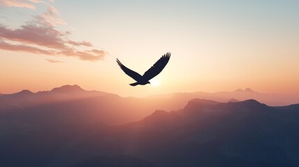 Fototapeta premium Majestic Eagle Soaring Over Mountain Landscape at Sunset