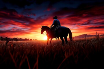 Fototapeta premium Hyper-realistic scene of a person riding a horse through a field at sunset, capturing the freedom and peace of living fully in nature