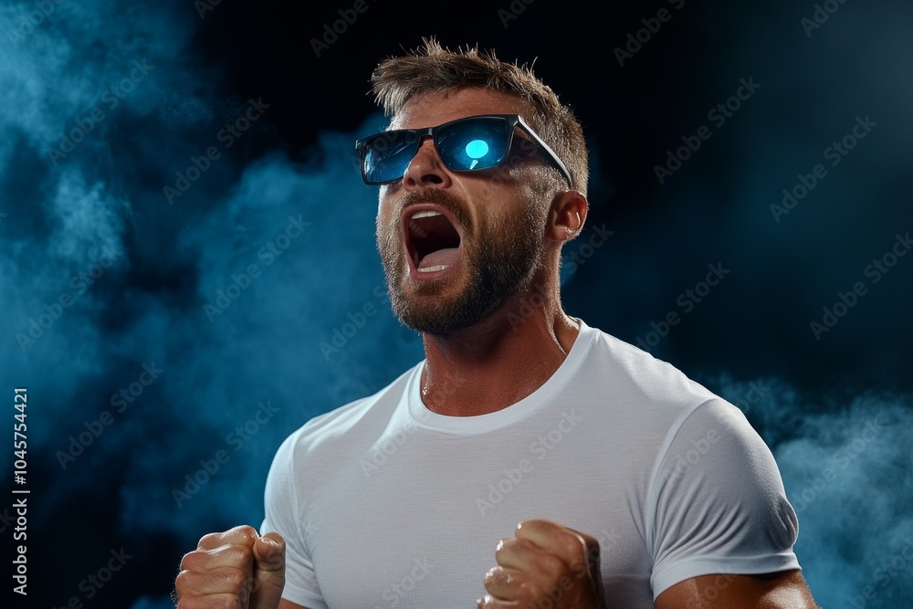 Aufkleber hyper-realistic view of a person standing firm in a confrontation, with every detail of their strong