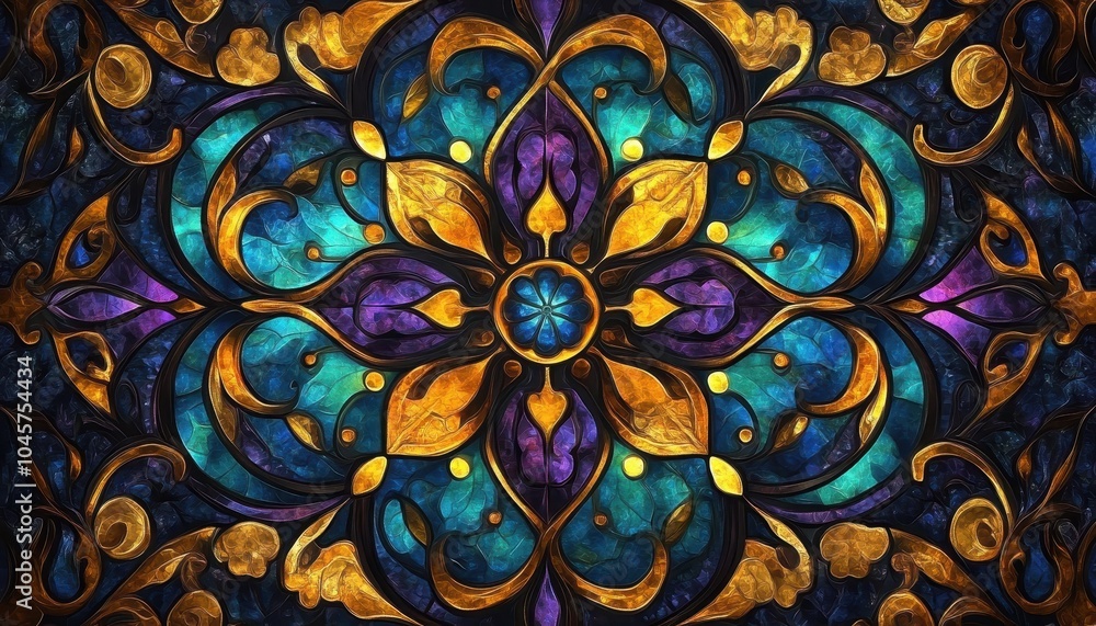Poster vibrant abstract stained glass window design featuring intricate patterns and colors