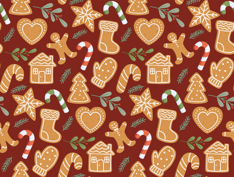 Seamless pattern with different shapes of gingerbread cookies. Colorful holiday background with sweets and plants