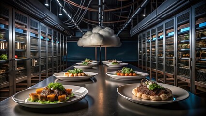 High-Tech Food Photography Featuring Network Router and Cloud Technology in a Modern Data Center Setting
